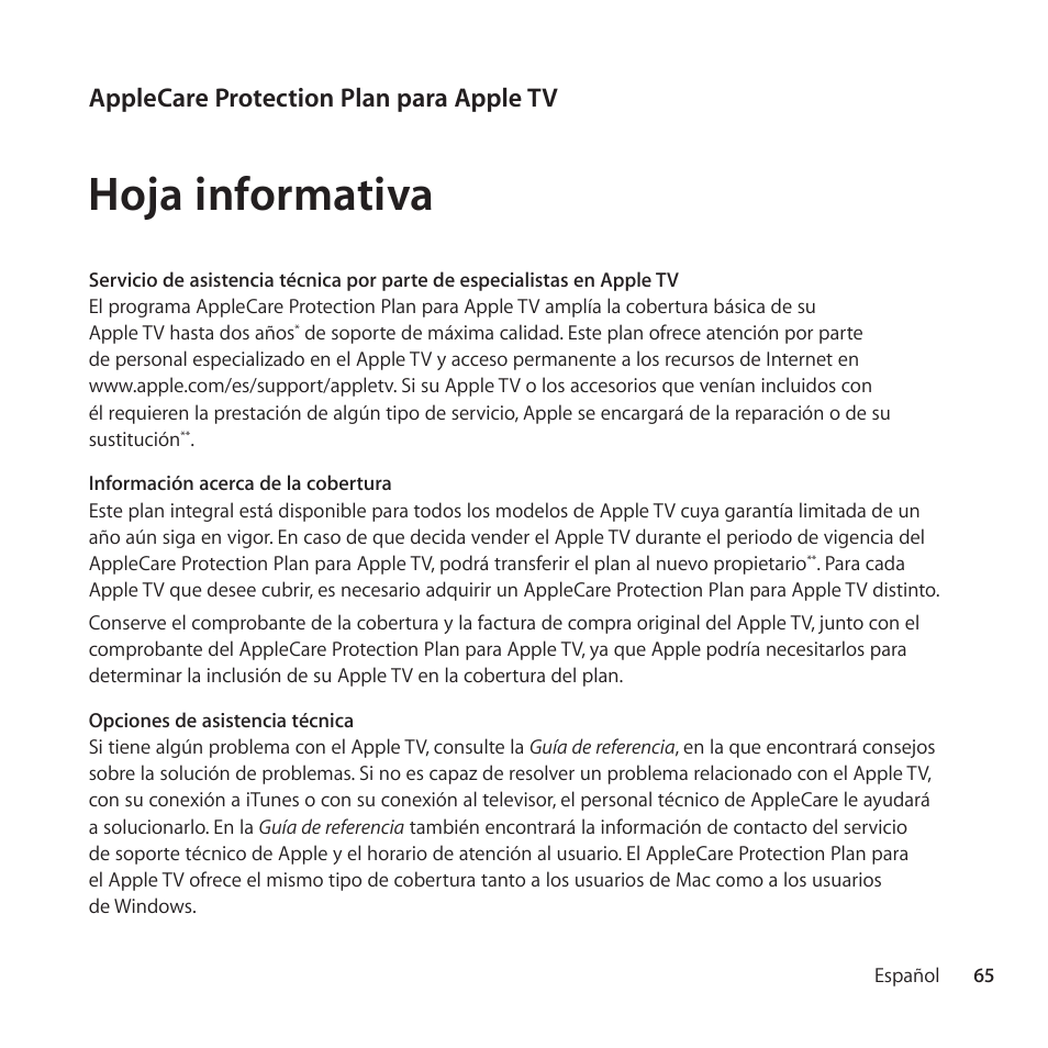 Hoja informativa, Applecare protection plan para apple tv | Apple AppleCare Protection Plan for Apple TV User Manual | Page 65 / 108