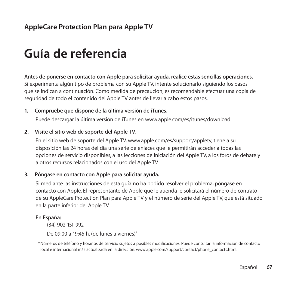 Guía de referencia, Applecare protection plan para apple tv | Apple AppleCare Protection Plan for Apple TV User Manual | Page 67 / 108