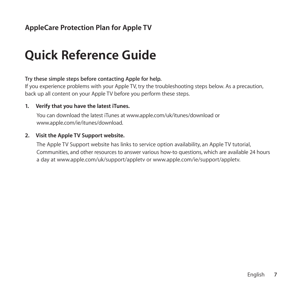 Quick reference guide | Apple AppleCare Protection Plan for Apple TV User Manual | Page 7 / 108