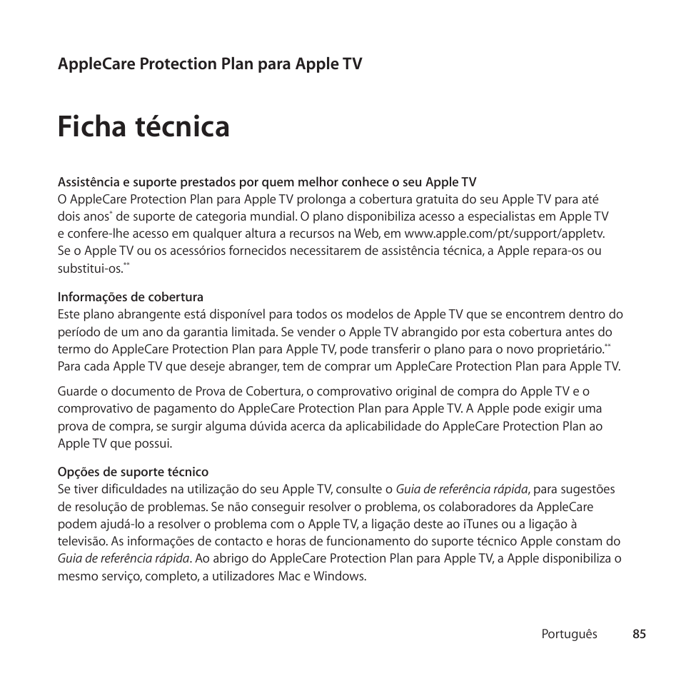 Ficha técnica, Applecare protection plan para apple tv | Apple AppleCare Protection Plan for Apple TV User Manual | Page 85 / 108