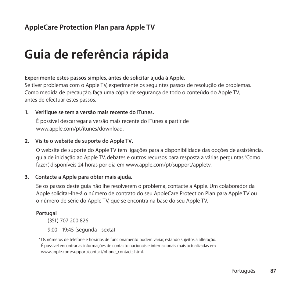 Guia de referência rápida, Applecare protection plan para apple tv | Apple AppleCare Protection Plan for Apple TV User Manual | Page 87 / 108