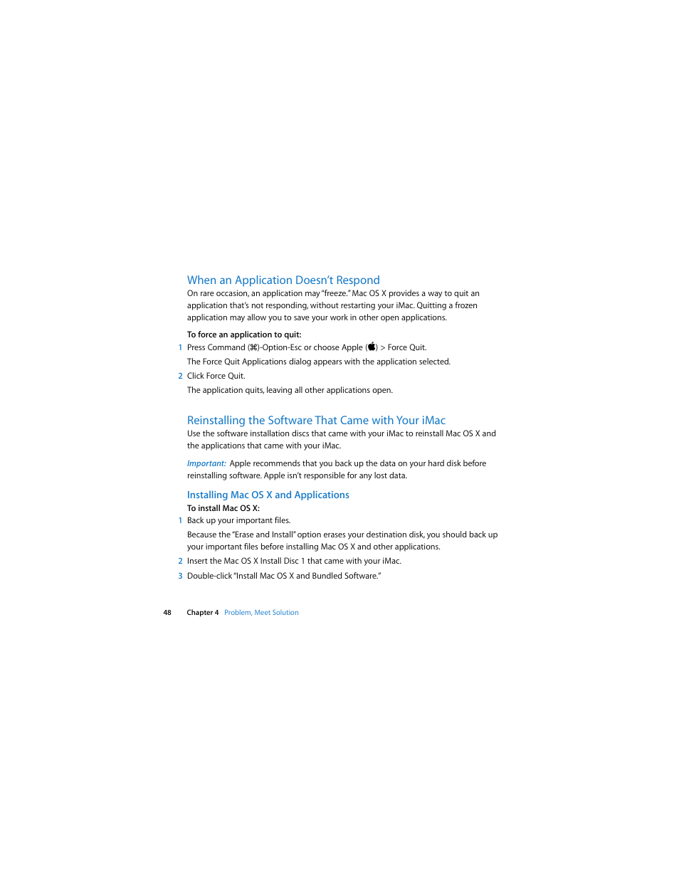 When an application doesn’t respond, Reinstalling the software that came with your imac | Apple iMac (Intel-based, Late 2006) User Manual | Page 48 / 76