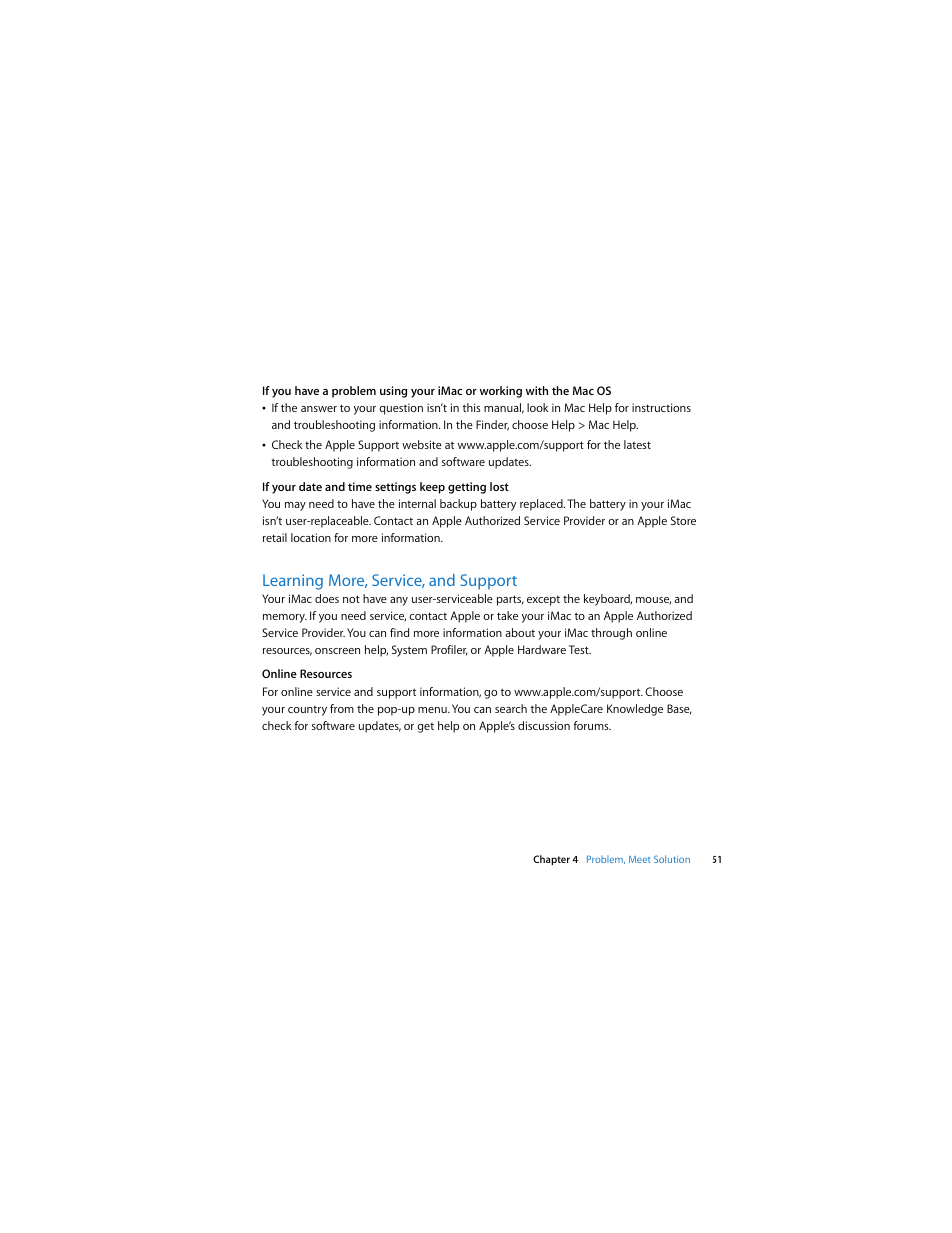 See “learning more, service, and support, Learning more, service, and support | Apple iMac (Intel-based, Late 2006) User Manual | Page 51 / 76