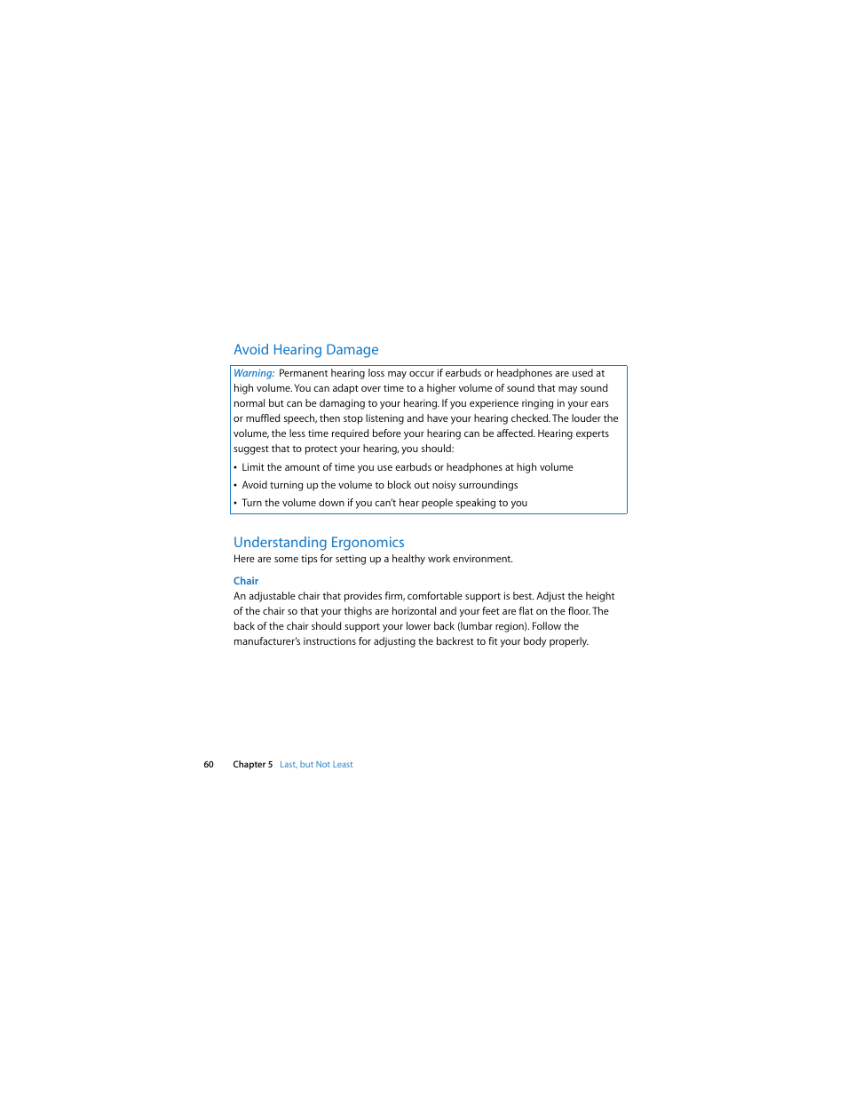 Avoid hearing damage understanding ergonomics | Apple iMac (Intel-based, Late 2006) User Manual | Page 60 / 76