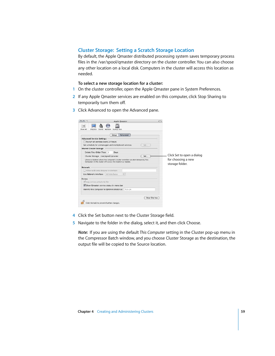 Cluster storage: setting, A scratch storage location, Cluster storage: setting a scratch | Storage location | Apple Qmaster 2  and Compressor 2 (Distributed Processing Setup) User Manual | Page 59 / 74