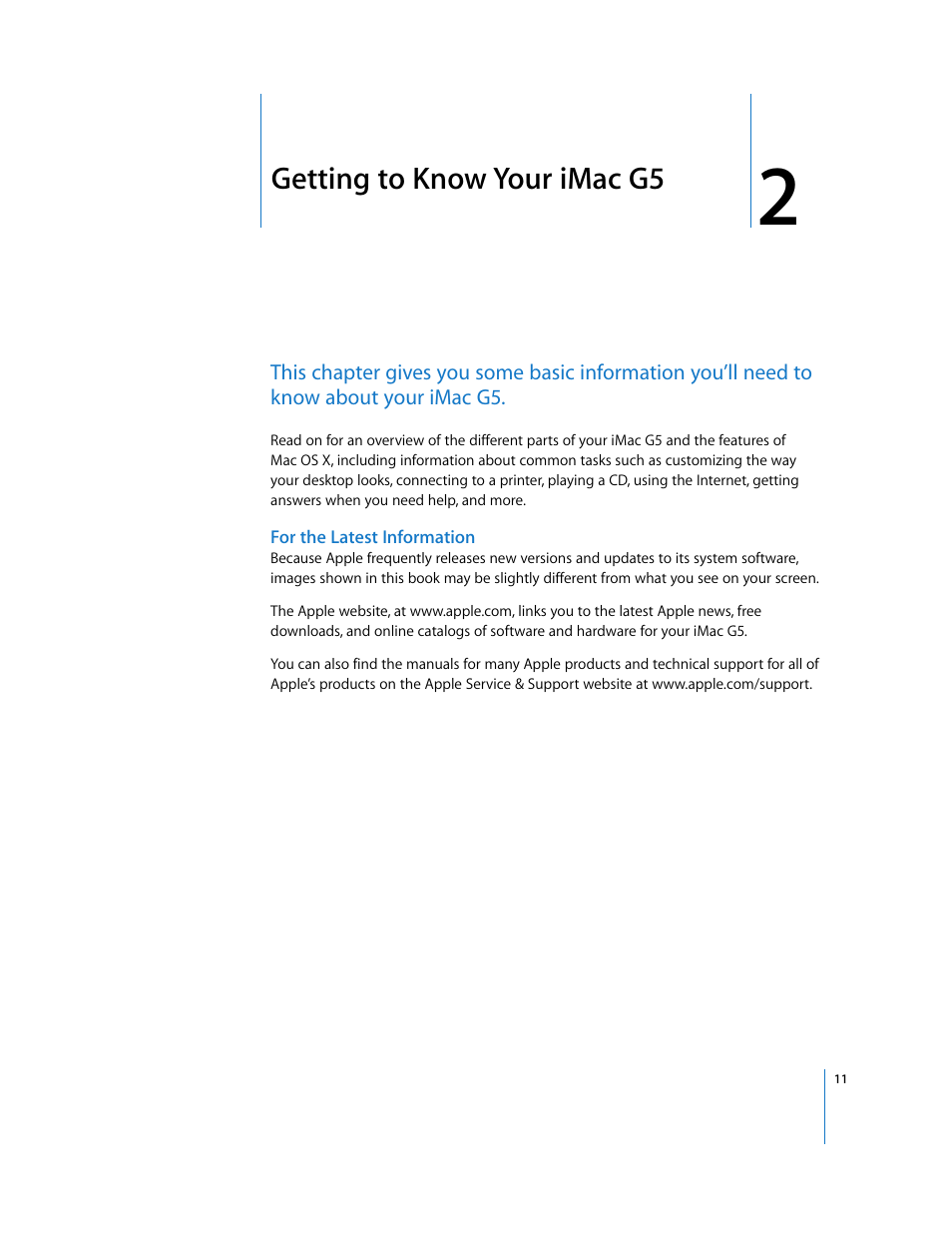 Getting to know your imacg5, For the latest information, Chapter 2 | Getting to know your imac g5 | Apple iMac G5 (iSight) User Manual | Page 11 / 96