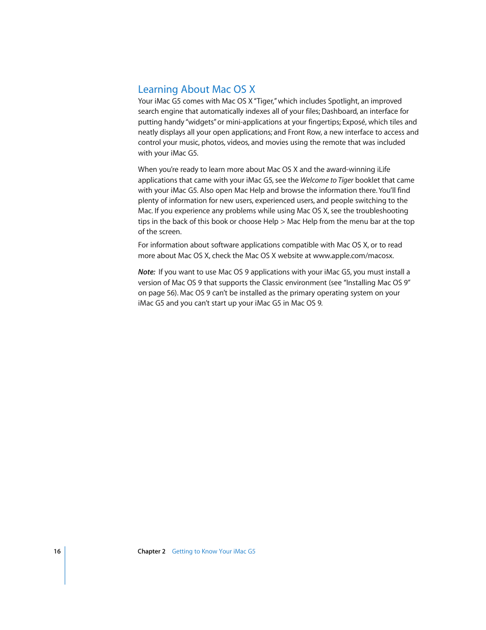 Learning about macosx, Learning about mac os x | Apple iMac G5 (iSight) User Manual | Page 16 / 96