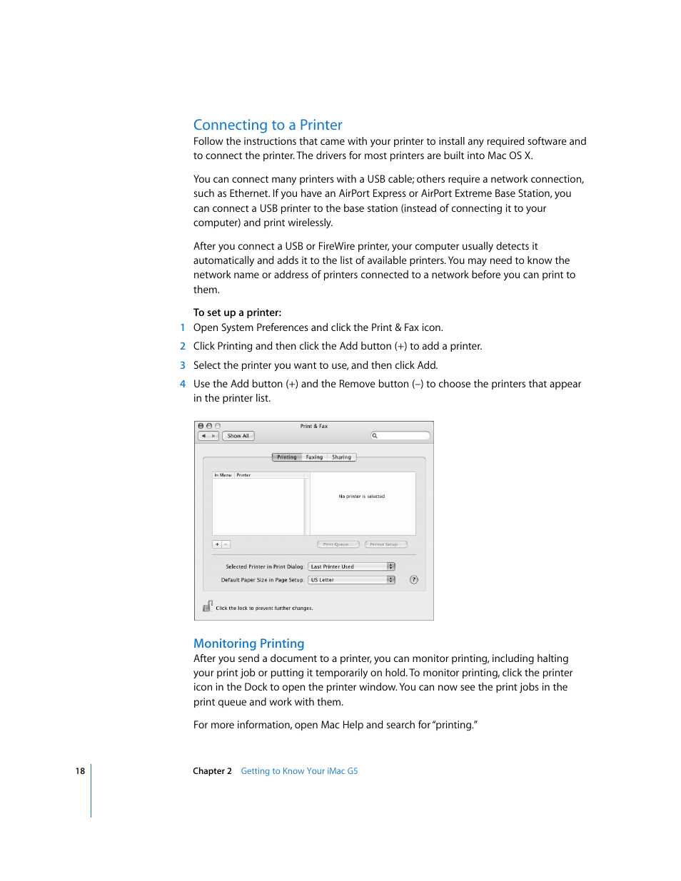 Connecting to a printer, Monitoring printing | Apple iMac G5 (iSight) User Manual | Page 18 / 96
