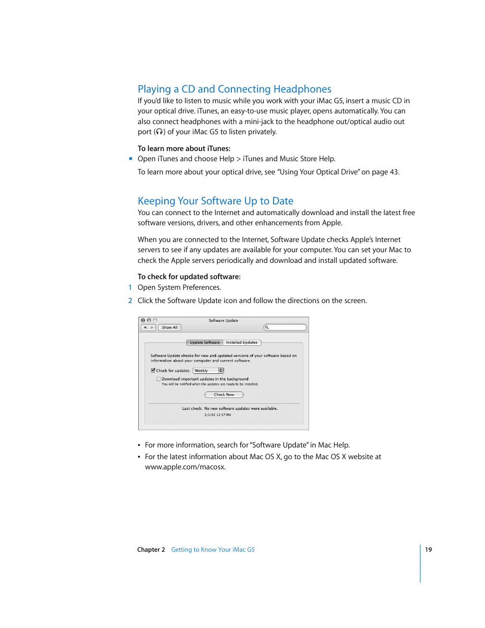 Playing a cd and connecting headphones, Keeping your software up to date | Apple iMac G5 (iSight) User Manual | Page 19 / 96