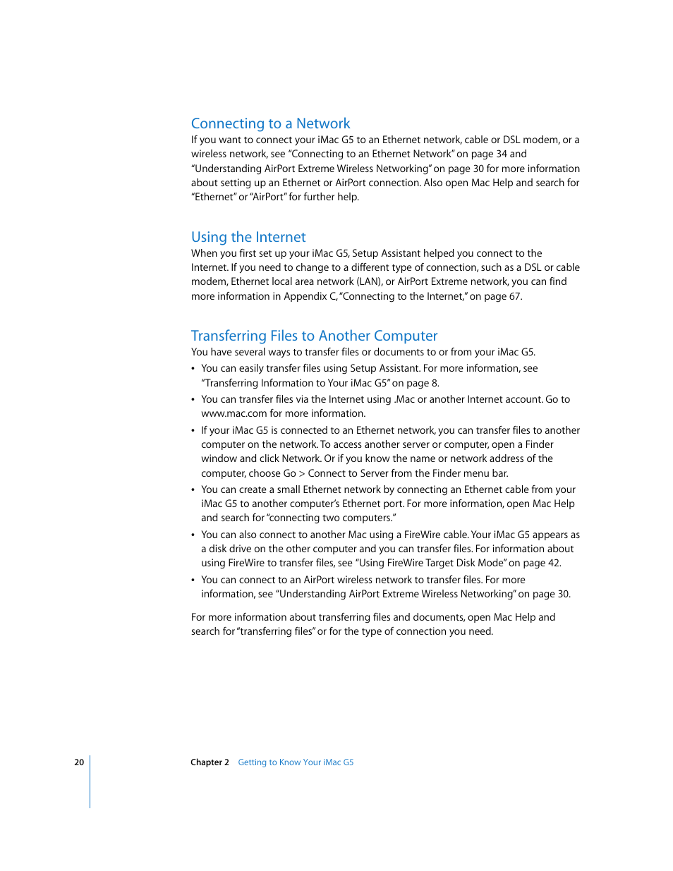 Connecting to a network, Using the internet, Transferring files to another computer | Apple iMac G5 (iSight) User Manual | Page 20 / 96