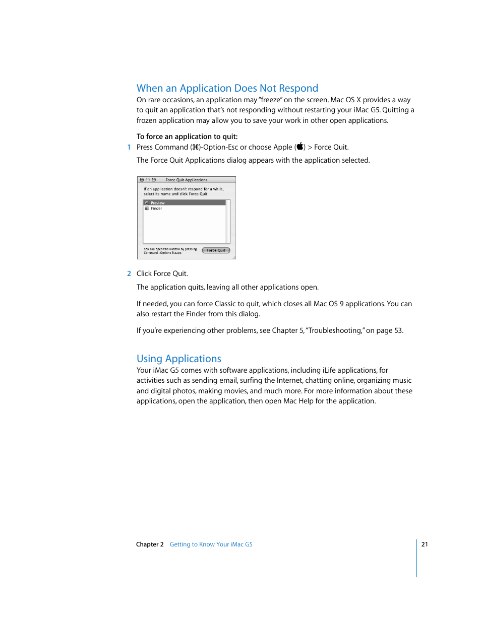 When an application does not respond, Using applications | Apple iMac G5 (iSight) User Manual | Page 21 / 96