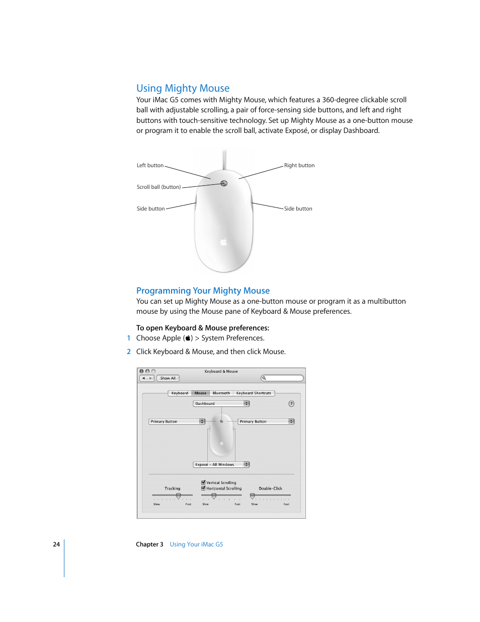 Using mighty mouse, Programming your mighty mouse | Apple iMac G5 (iSight) User Manual | Page 24 / 96