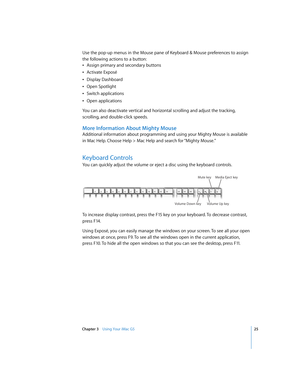 More information about mighty mouse, Keyboard controls | Apple iMac G5 (iSight) User Manual | Page 25 / 96