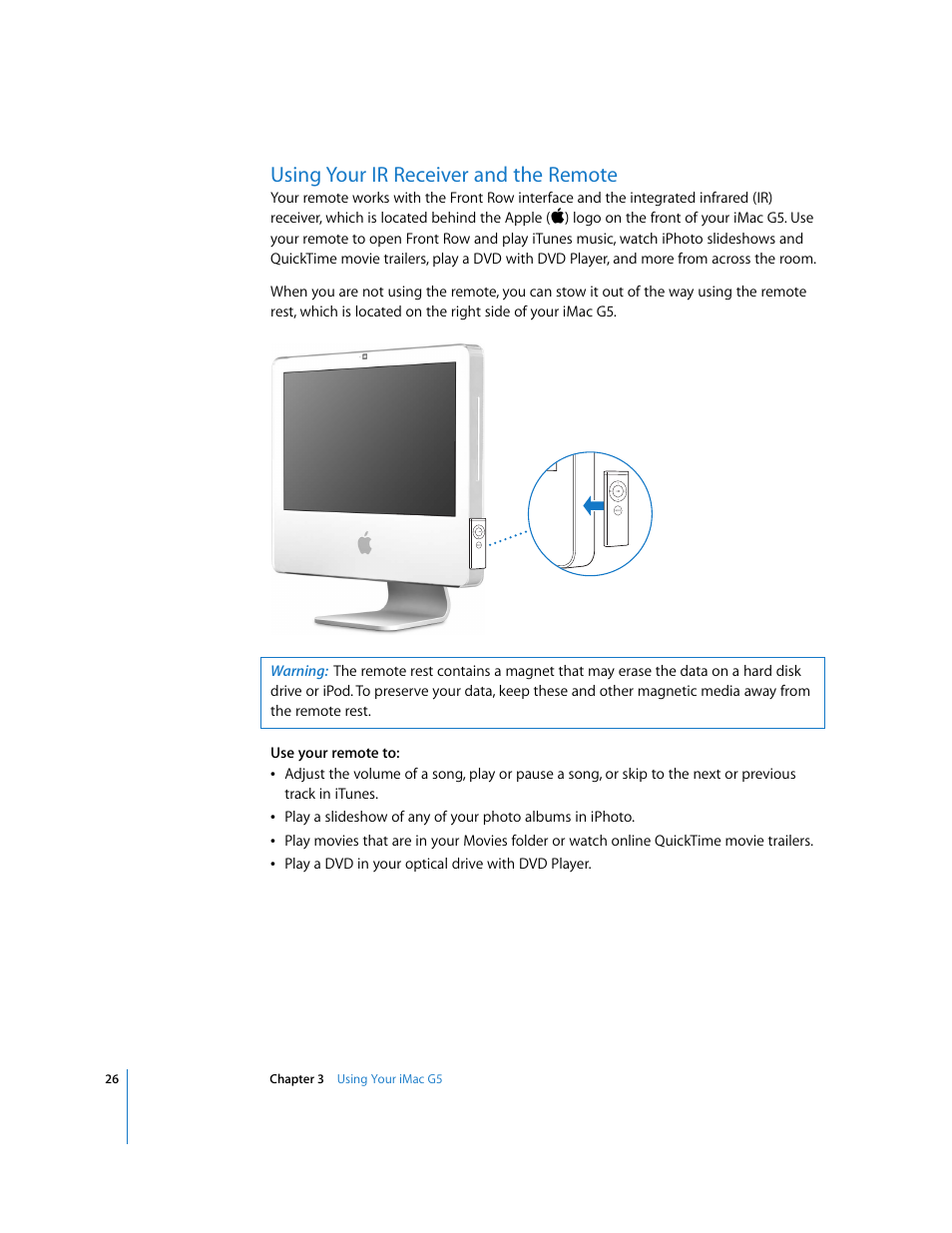 Using your ir receiver and the remote | Apple iMac G5 (iSight) User Manual | Page 26 / 96