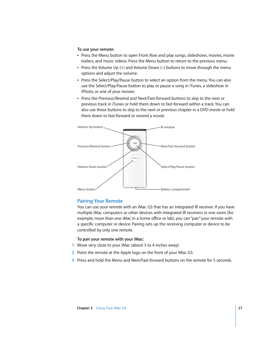 Pairing your remote | Apple iMac G5 (iSight) User Manual | Page 27 / 96