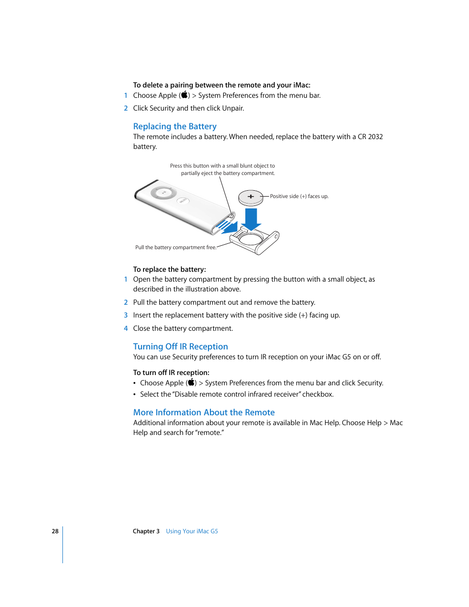 Replacing the battery, Turning off ir reception, More information about the remote | Apple iMac G5 (iSight) User Manual | Page 28 / 96