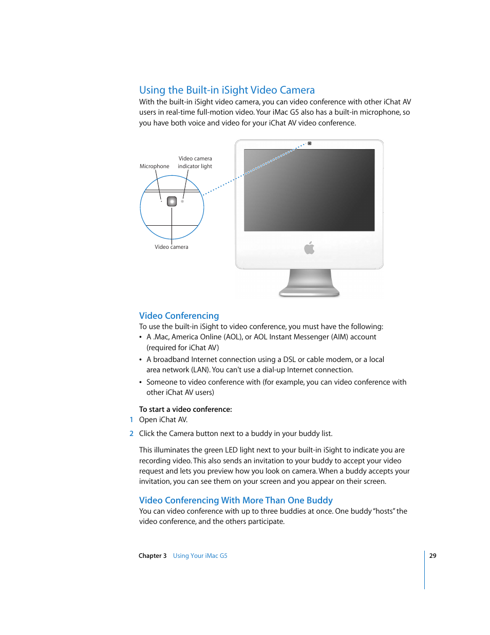 Using the built-in isight video camera, Video conferencing, Video conferencing with more than one buddy | Apple iMac G5 (iSight) User Manual | Page 29 / 96