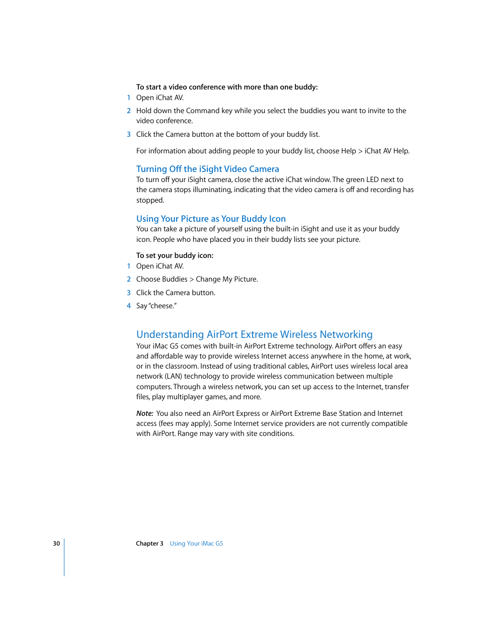 Turning off the isight video camera, Using your picture as your buddy icon, Understanding airport extreme wireless networking | Apple iMac G5 (iSight) User Manual | Page 30 / 96
