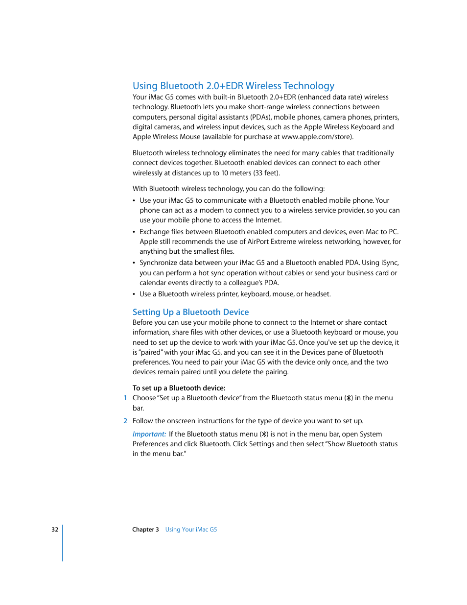 Using bluetooth 2.0+edr wireless technology, Setting up a bluetooth device | Apple iMac G5 (iSight) User Manual | Page 32 / 96