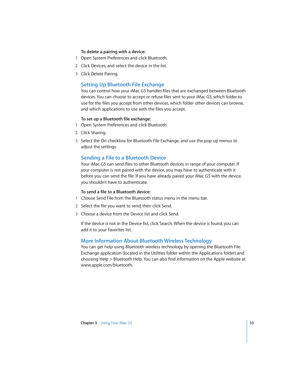 Setting up bluetooth file exchange, Sending a file to a bluetooth device | Apple iMac G5 (iSight) User Manual | Page 33 / 96