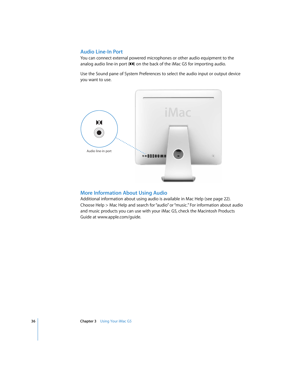 Audio line-in port, More information about using audio | Apple iMac G5 (iSight) User Manual | Page 36 / 96