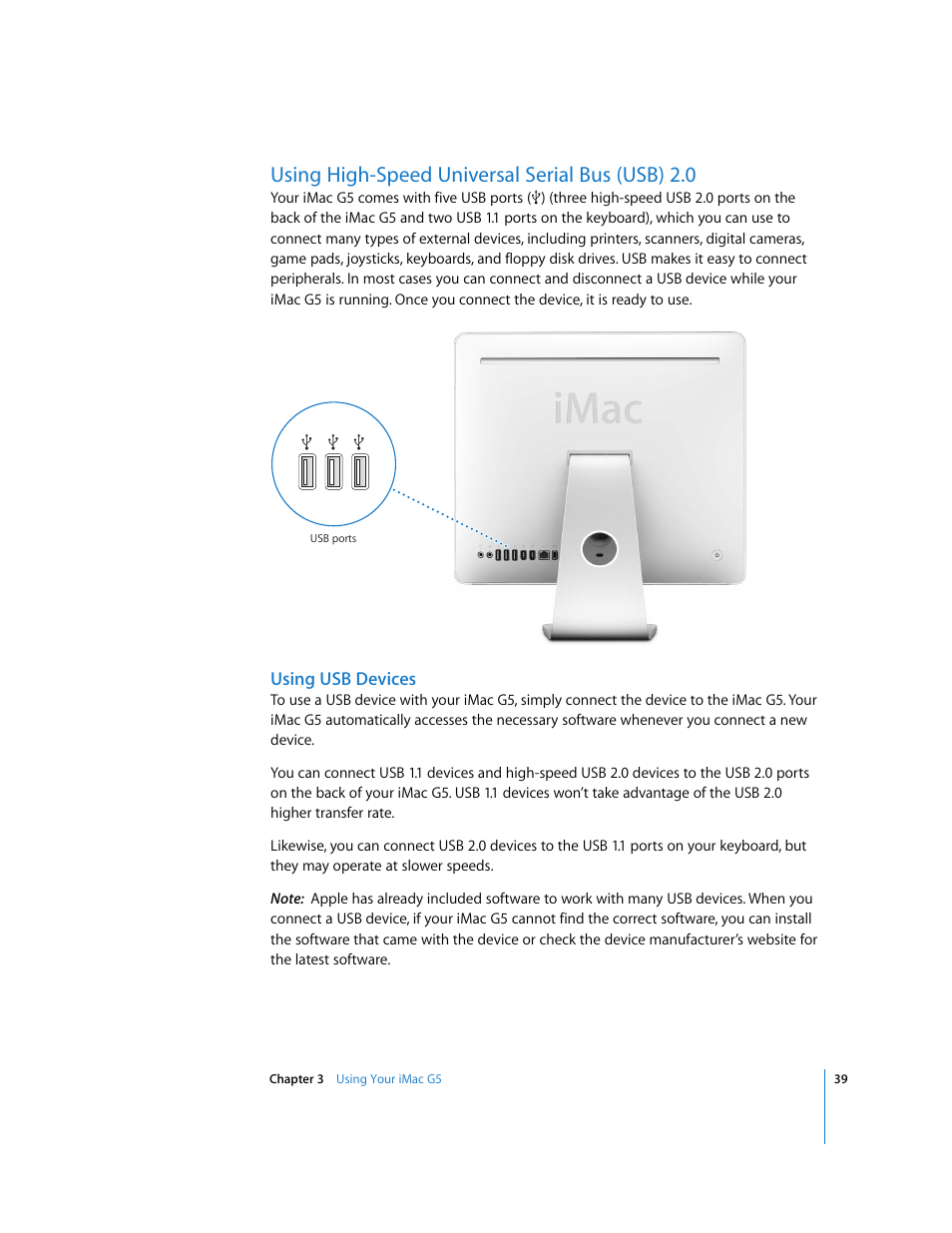 Using high-speed universal serial bus (usb) 2.0, Using usb devices | Apple iMac G5 (iSight) User Manual | Page 39 / 96