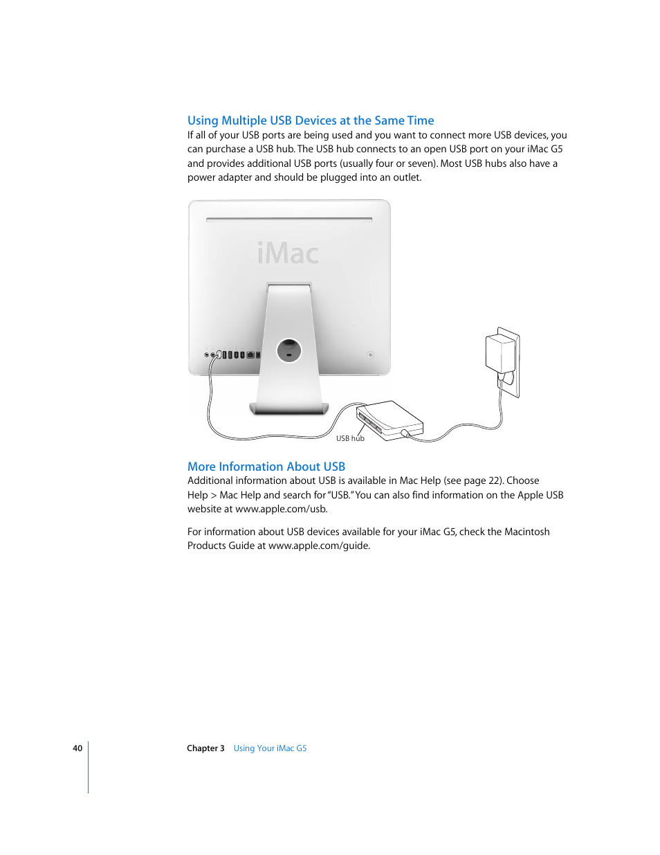 Using multiple usb devices at the same time, More information about usb | Apple iMac G5 (iSight) User Manual | Page 40 / 96