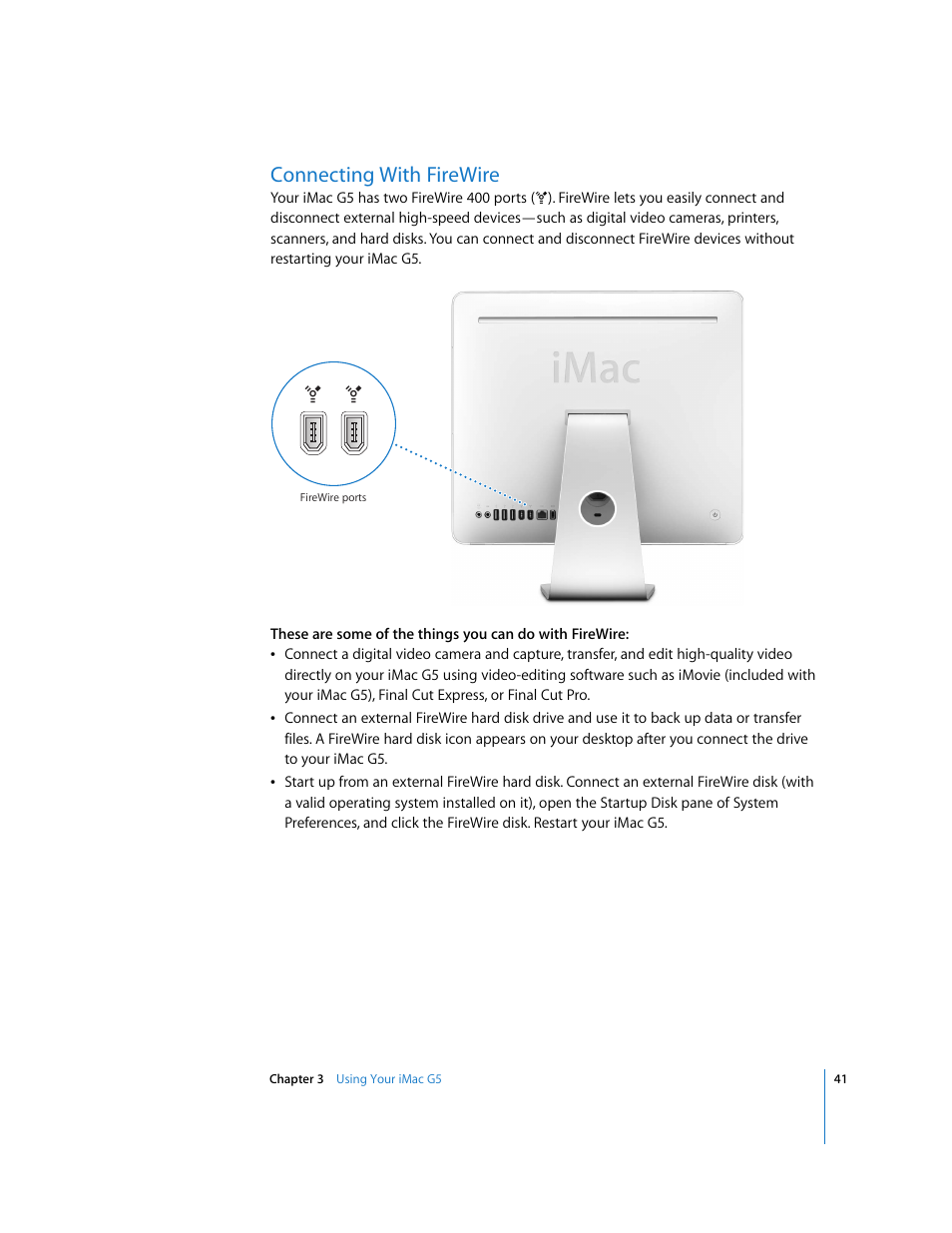 Connecting with firewire | Apple iMac G5 (iSight) User Manual | Page 41 / 96