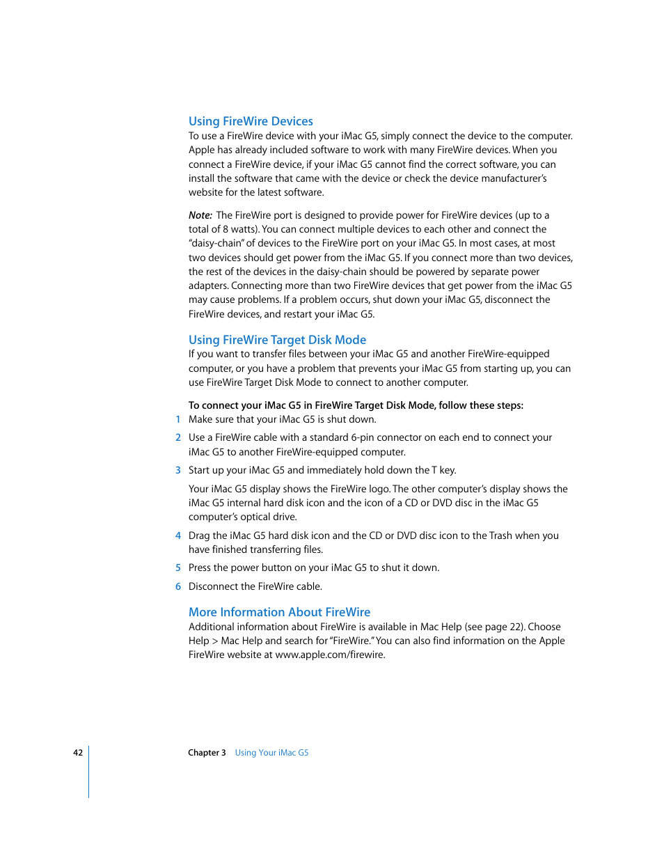 Using firewire devices, Using firewire target disk mode, More information about firewire | Apple iMac G5 (iSight) User Manual | Page 42 / 96