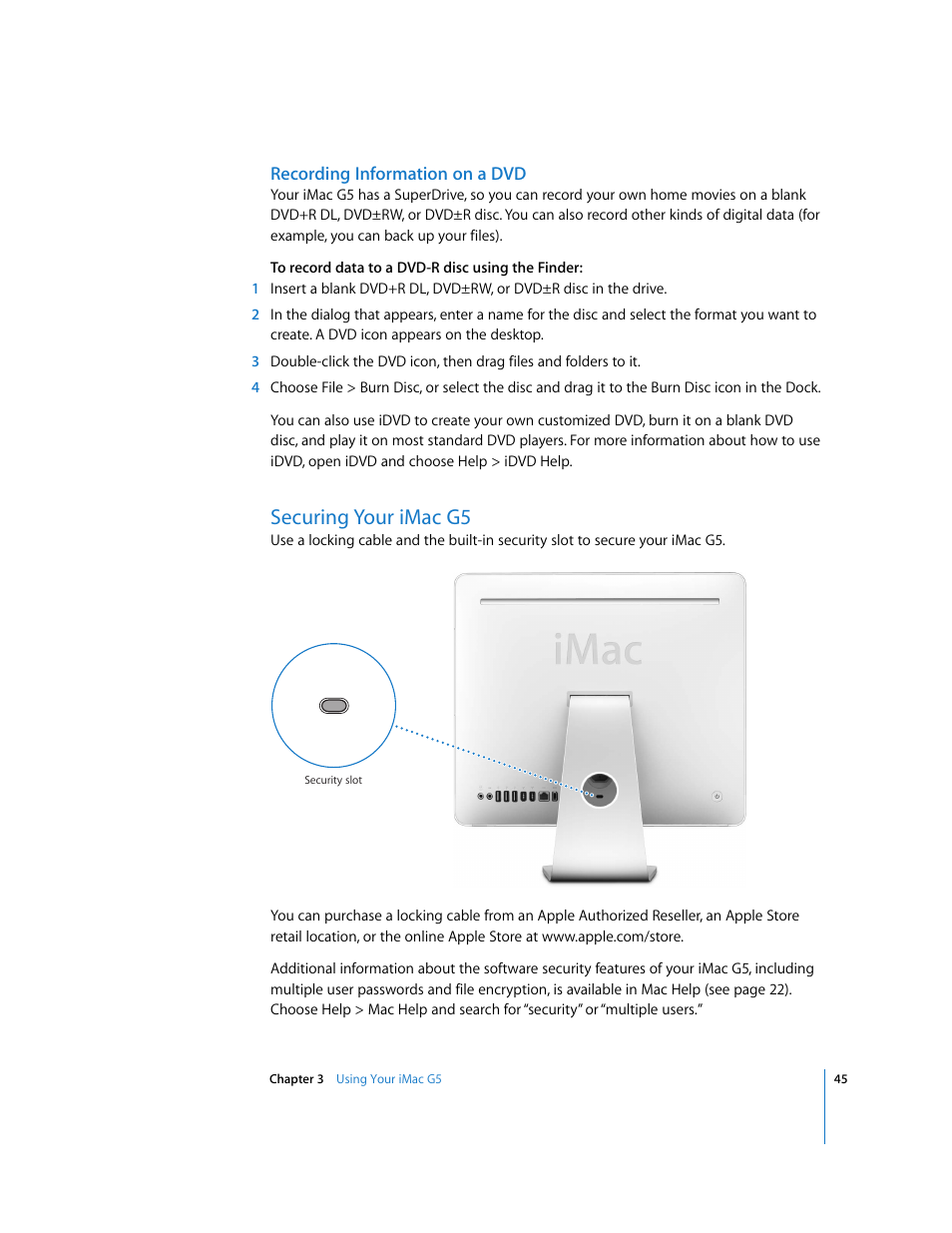 Recording information on a dvd, Securing your imacg5, Securing your imac g5 | Apple iMac G5 (iSight) User Manual | Page 45 / 96
