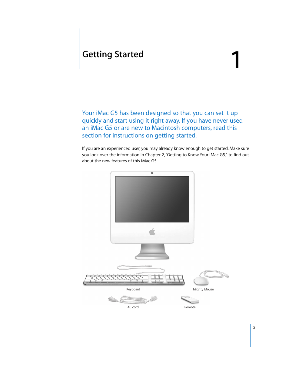 Getting started, Chapter 1 | Apple iMac G5 (iSight) User Manual | Page 5 / 96