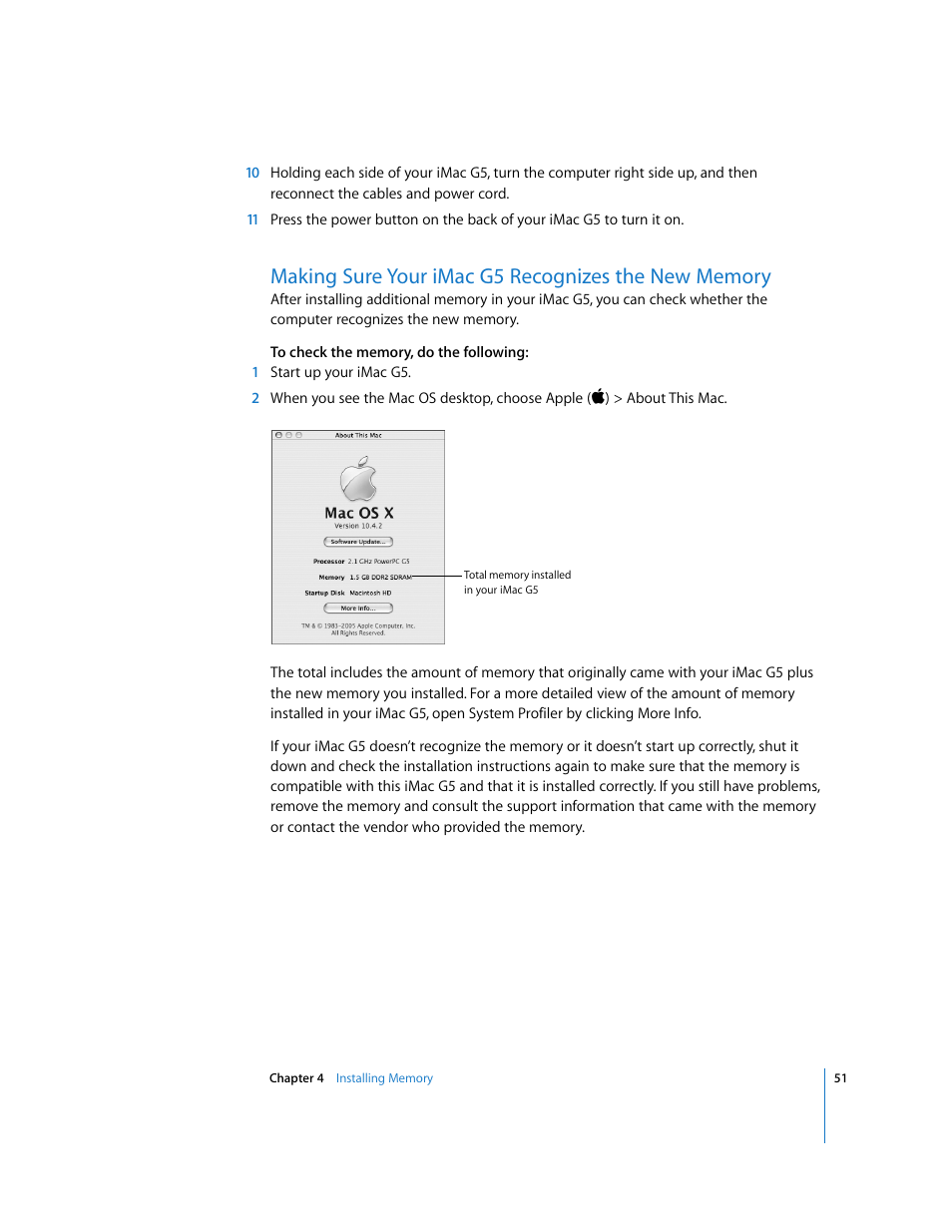 Making sure your imacg5 recognizes the new memory | Apple iMac G5 (iSight) User Manual | Page 51 / 96