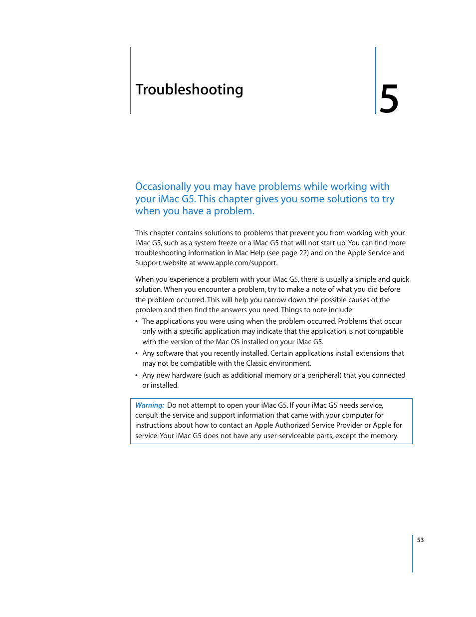 Troubleshooting, Chapter 5 | Apple iMac G5 (iSight) User Manual | Page 53 / 96