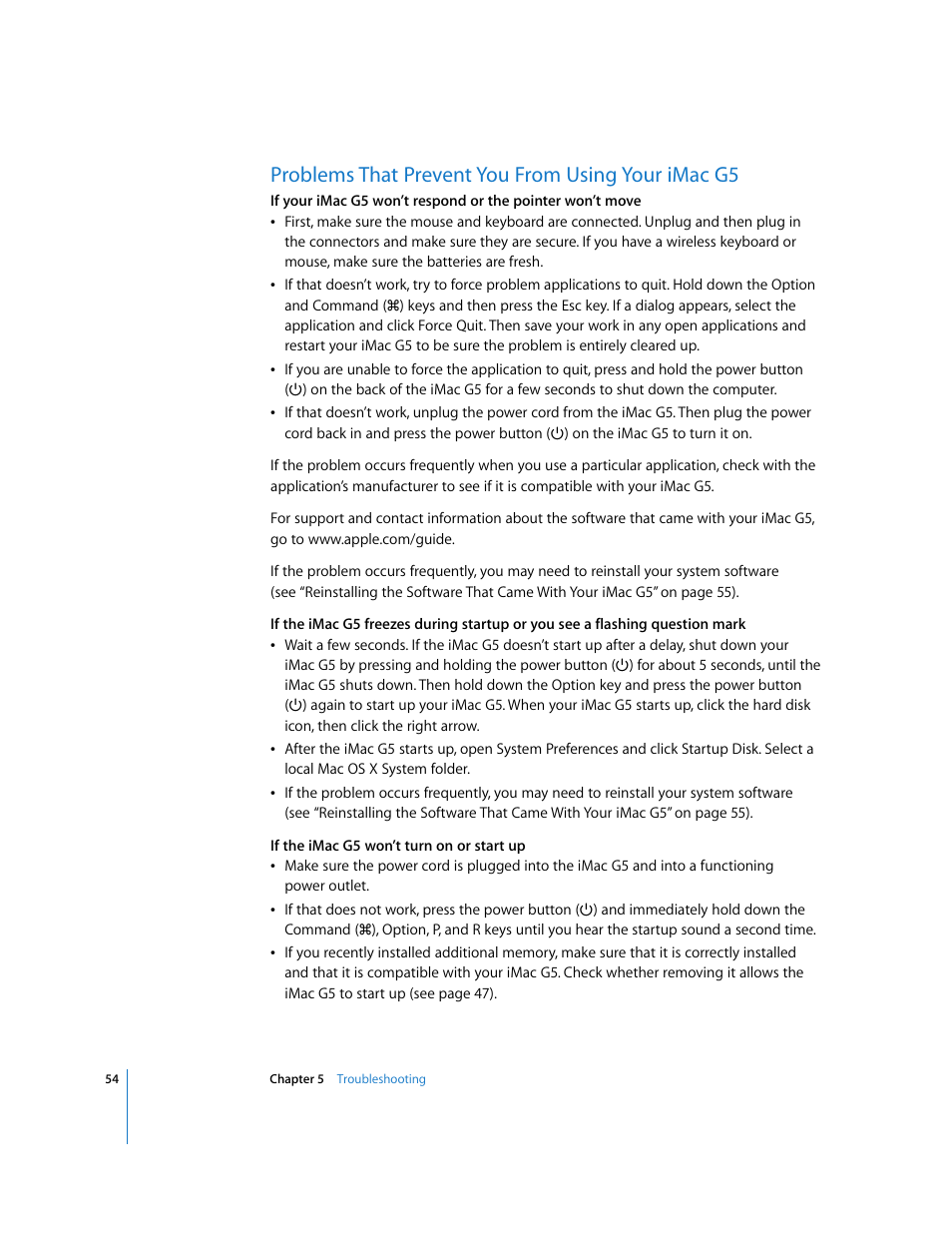 Problems that prevent you from using your imacg5, Problems that prevent you from using your imac g5 | Apple iMac G5 (iSight) User Manual | Page 54 / 96