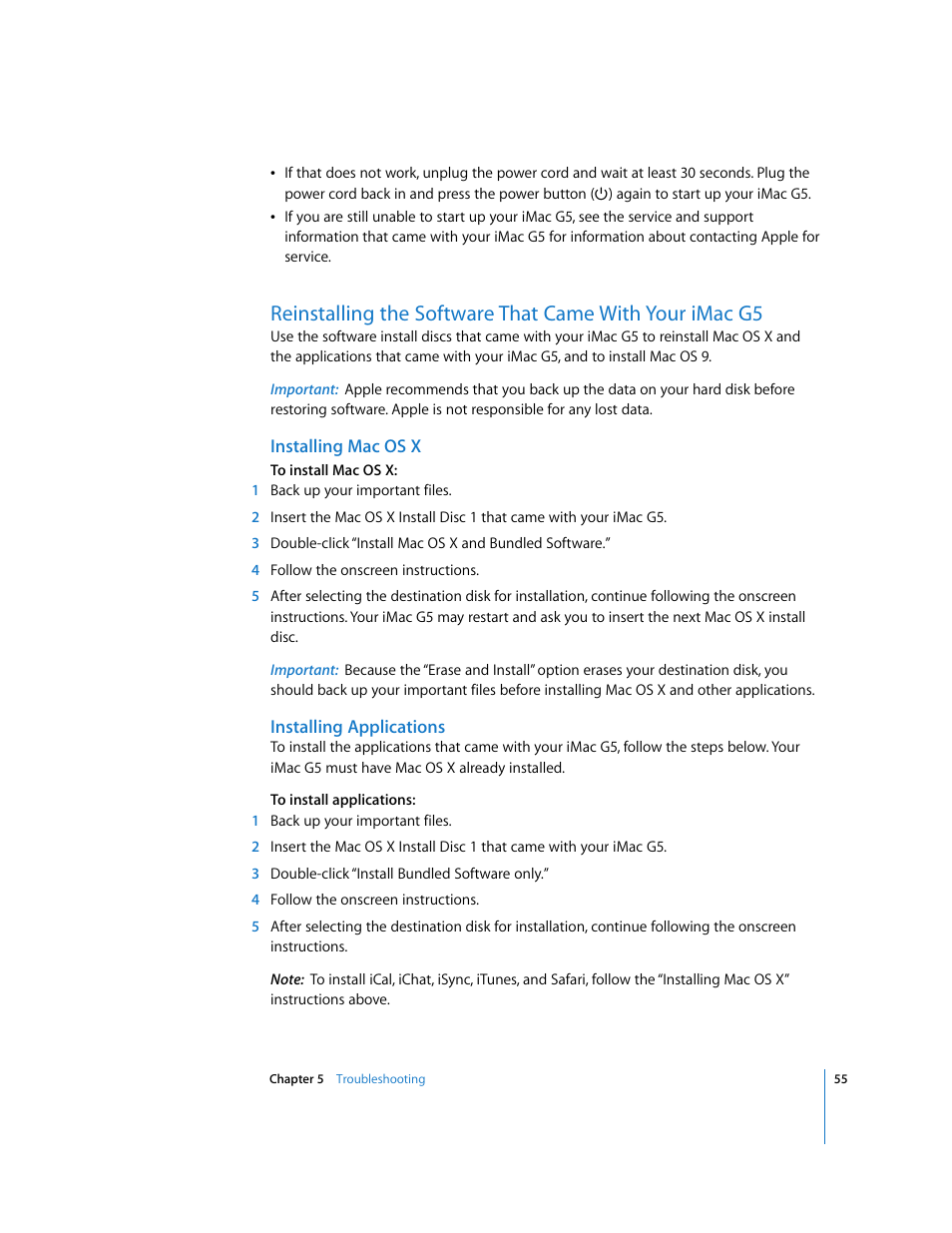 Installing macosx, Installing applications | Apple iMac G5 (iSight) User Manual | Page 55 / 96
