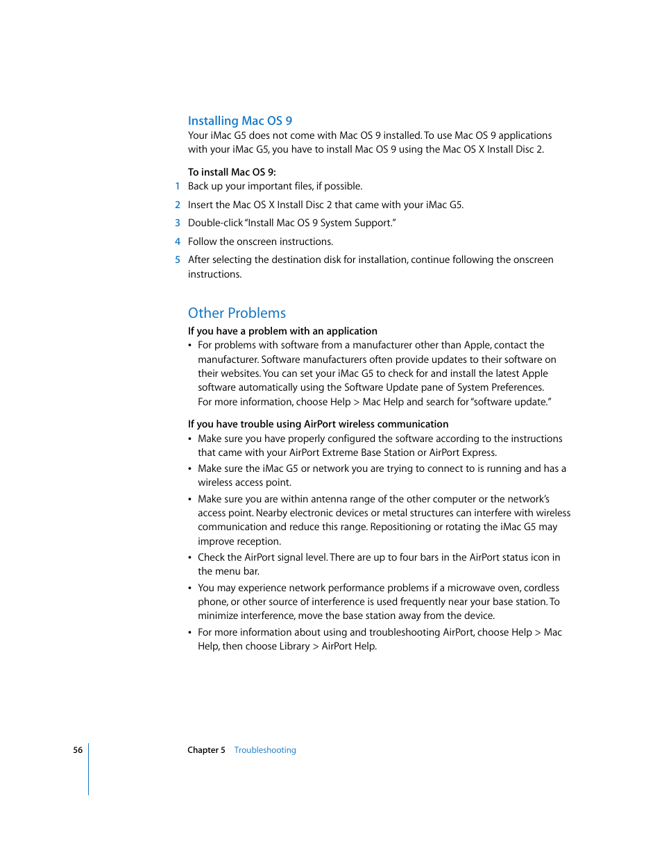 Installing macos9, Other problems | Apple iMac G5 (iSight) User Manual | Page 56 / 96