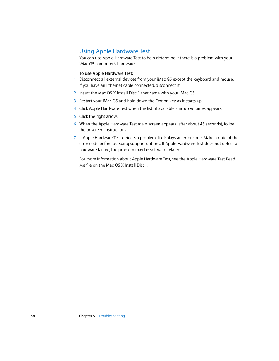 Using apple hardware test | Apple iMac G5 (iSight) User Manual | Page 58 / 96