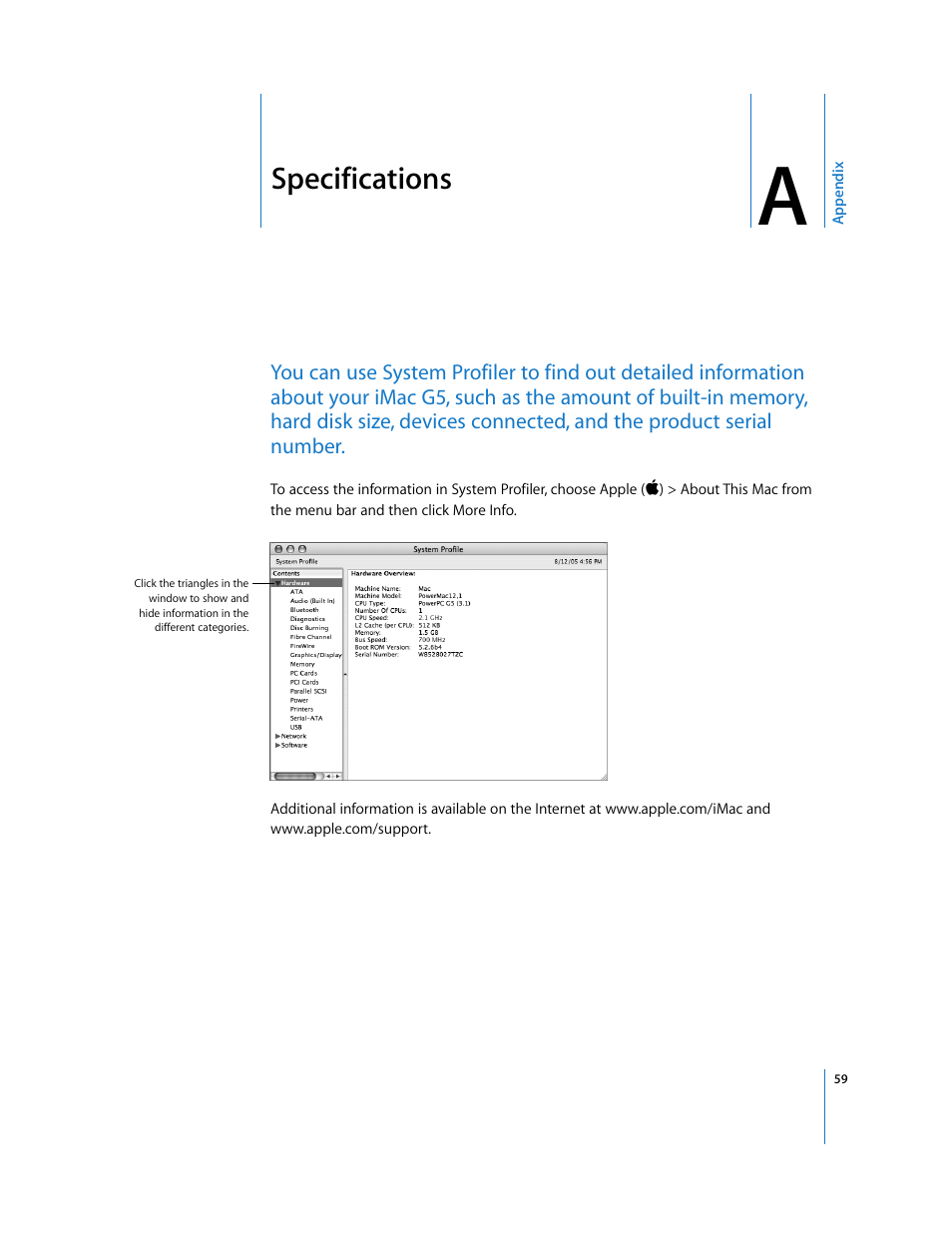 Specifications, Appendix a | Apple iMac G5 (iSight) User Manual | Page 59 / 96