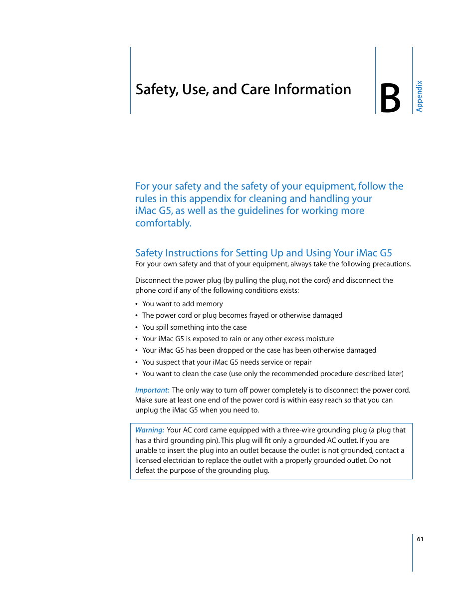 Safety, use, and care information, Appendix b | Apple iMac G5 (iSight) User Manual | Page 61 / 96