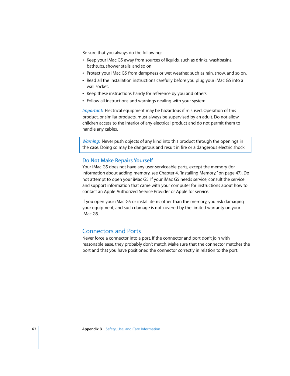 Do not make repairs yourself, Connectors and ports | Apple iMac G5 (iSight) User Manual | Page 62 / 96