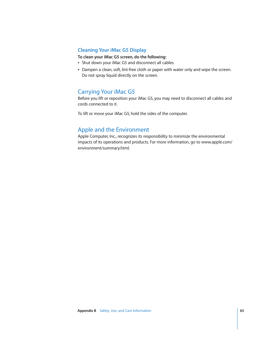 Cleaning your imacg5 display, Carrying your imacg5, Apple and the environment | Carrying your imac g5 | Apple iMac G5 (iSight) User Manual | Page 65 / 96