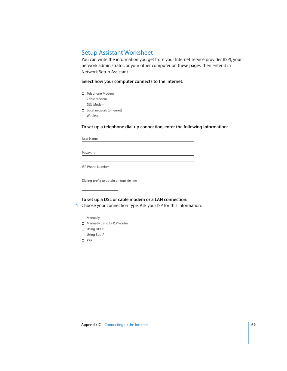 Setup assistant worksheet | Apple iMac G5 (iSight) User Manual | Page 69 / 96