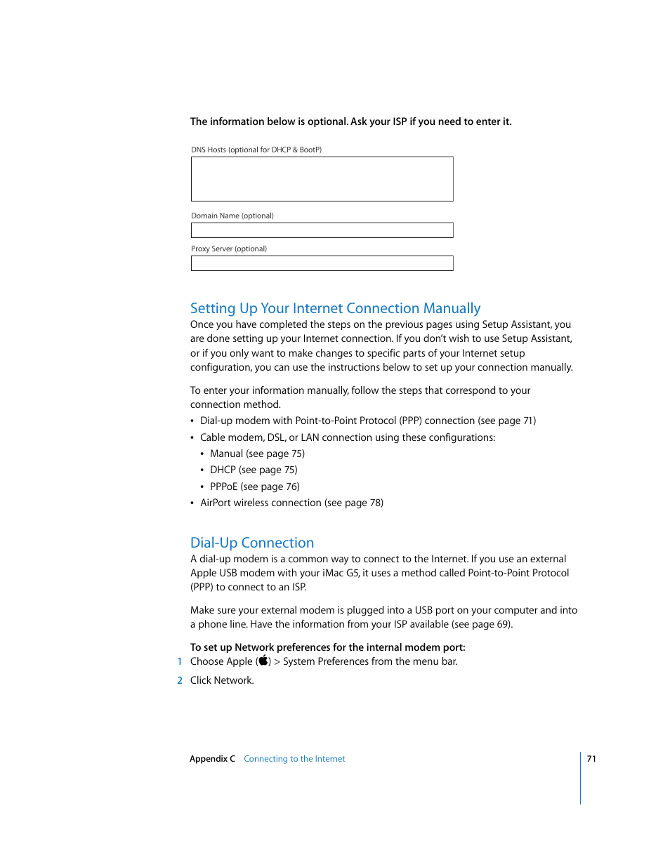 Setting up your internet connection manually, Dial-up connection | Apple iMac G5 (iSight) User Manual | Page 71 / 96