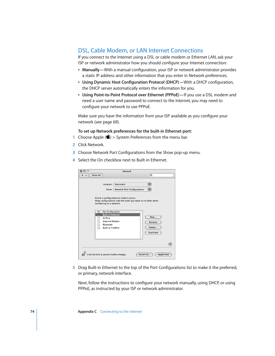 Dsl, cable modem, or lan internet connections | Apple iMac G5 (iSight) User Manual | Page 74 / 96