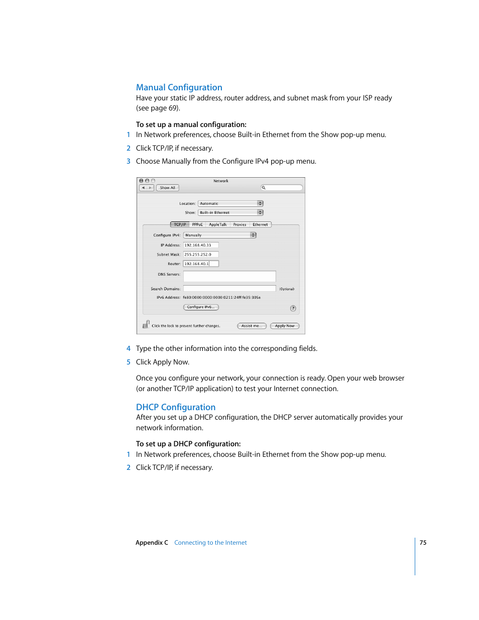 Manual configuration, Dhcp configuration | Apple iMac G5 (iSight) User Manual | Page 75 / 96