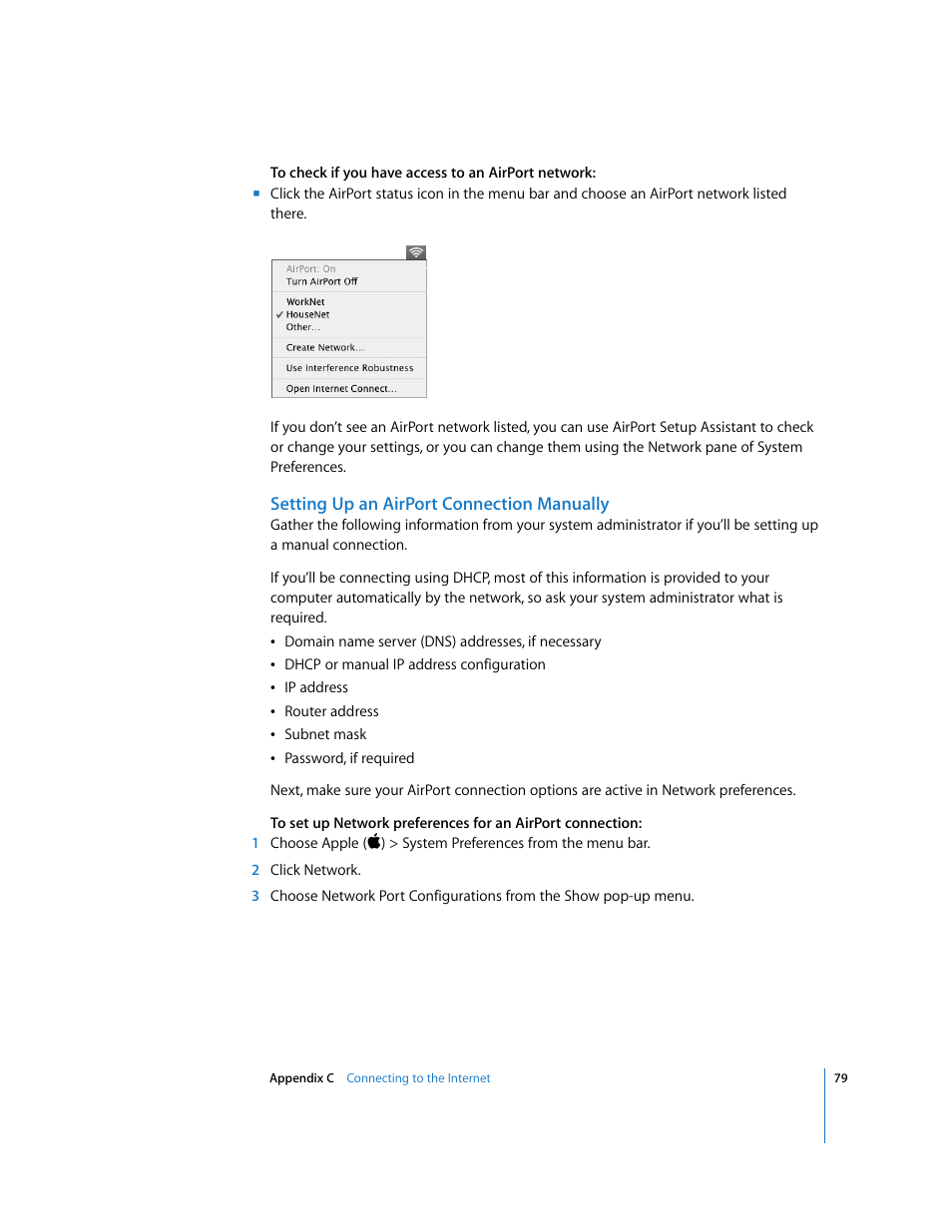 Setting up an airport connection manually | Apple iMac G5 (iSight) User Manual | Page 79 / 96