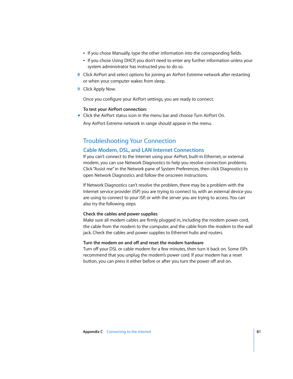 Troubleshooting your connection, Cable modem, dsl, and lan internet connections | Apple iMac G5 (iSight) User Manual | Page 81 / 96