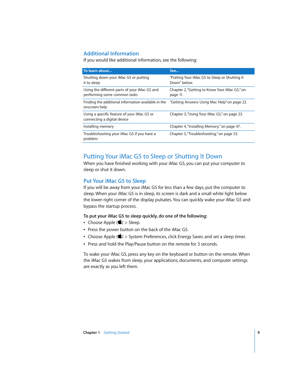 Additional information, Putting your imacg5 to sleep or shutting it down, Put your imacg5 to sleep | Putting your imac g5 to sleep or shutting it down | Apple iMac G5 (iSight) User Manual | Page 9 / 96