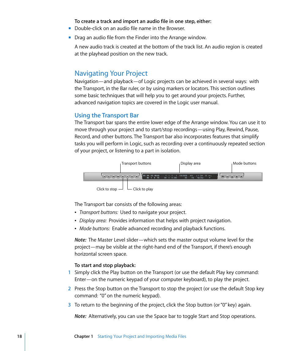 Navigating your project, Using the transport bar | Apple Logic Pro 8 Getting Started User Manual | Page 18 / 111