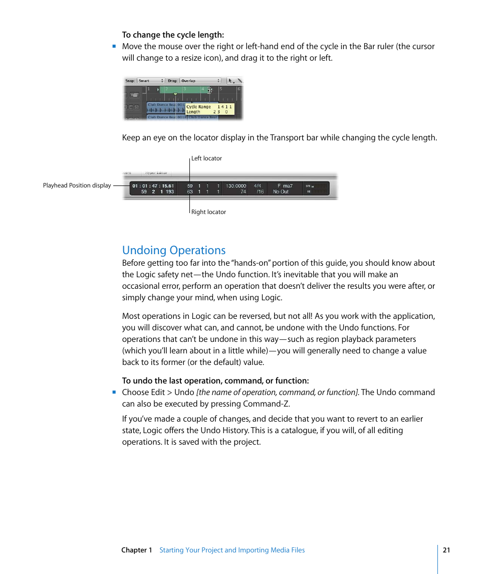 Undoing operations | Apple Logic Pro 8 Getting Started User Manual | Page 21 / 111